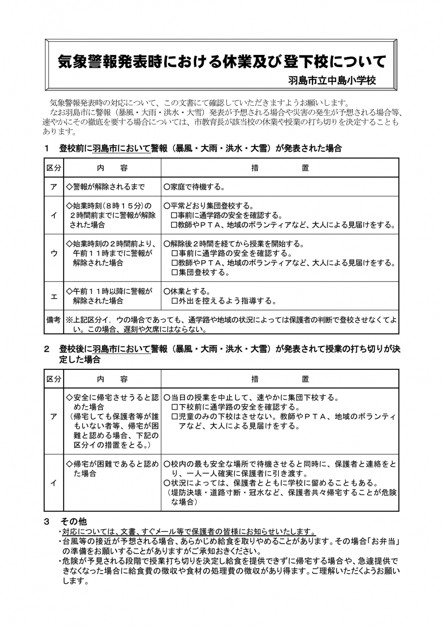 気象警報発表時の対応 緊急時について 羽島市立中島小学校